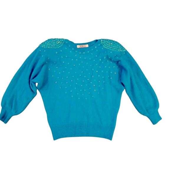 1980s Beaded Sequin CASHMERE Sweater Sz Small Aqua Green Round Neck Barbiecore - Picture 10 of 16
